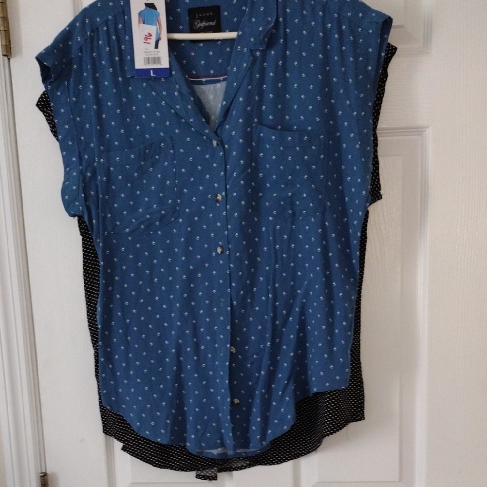 Jachs Girlfriend Blue Button Down Shirt with White Dots. New With Tags. Size L